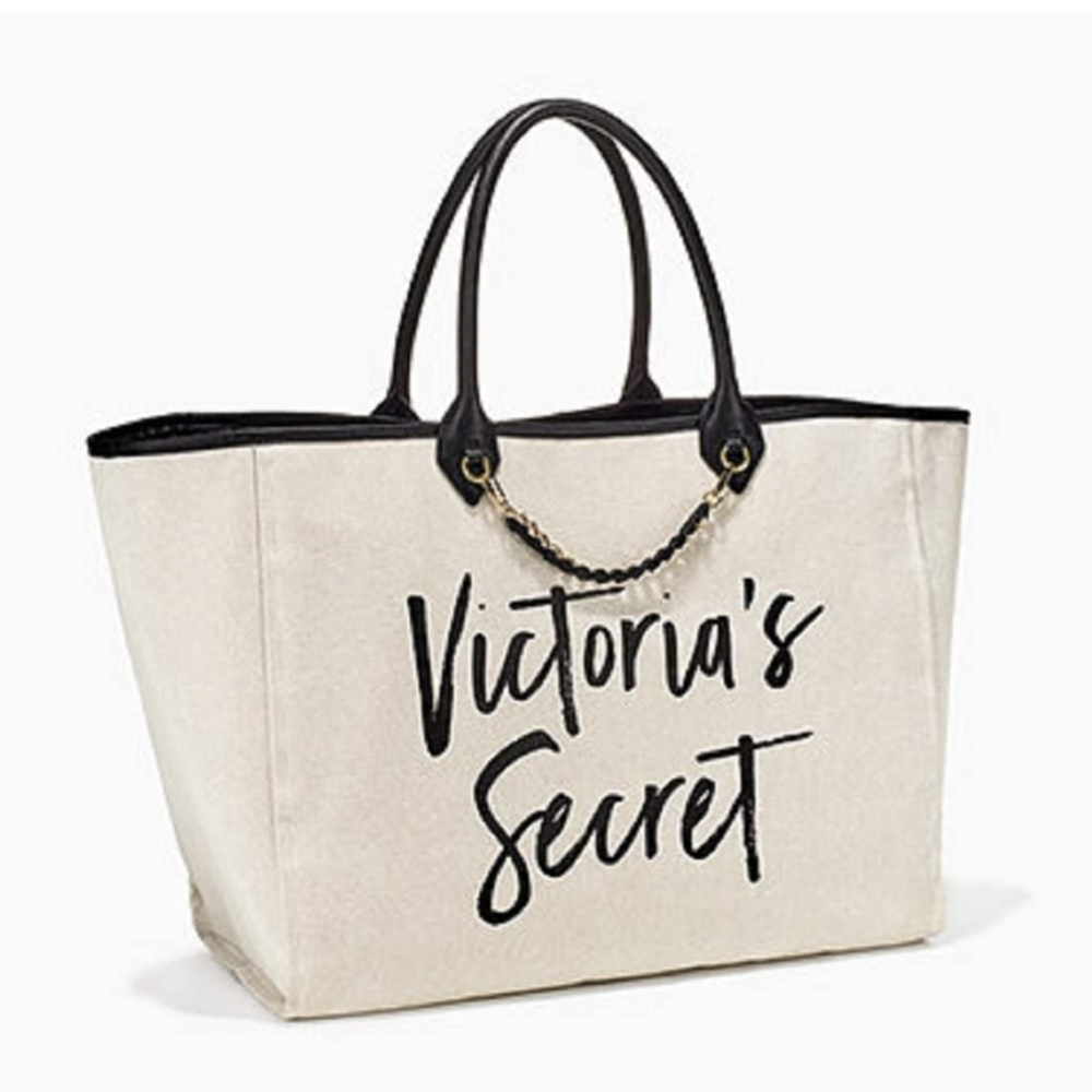 Victorias Secret Tote Canvas White Gold Chain